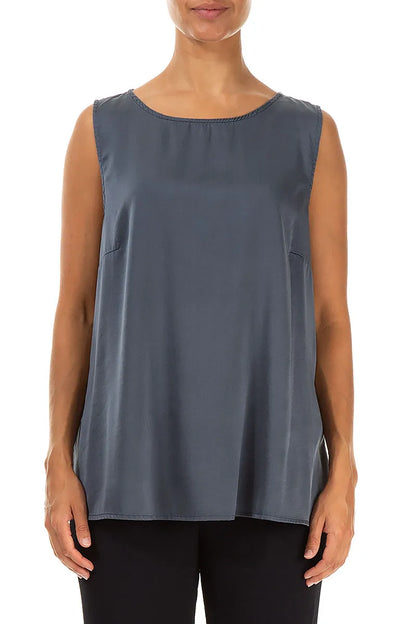 Flared Sleeveless Slate Blue Silk Top 1