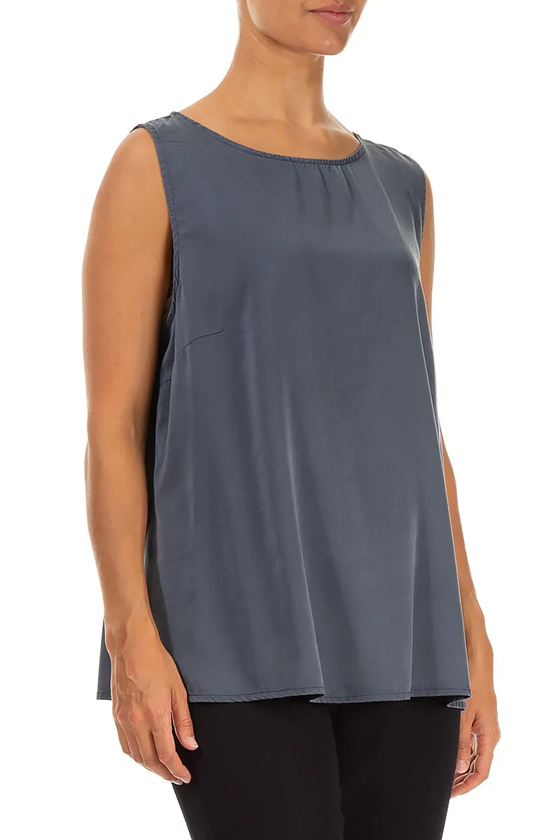 Flared Sleeveless Slate Blue Silk Top 3