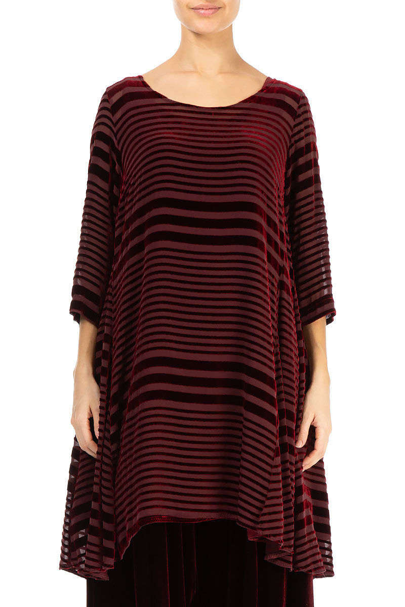 Flared Striped Devoré Dark Red Silk Velvet Tunic Dress