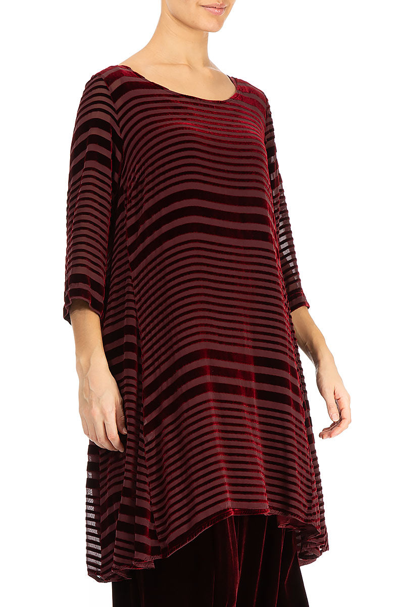 Flared Striped Devoré Dark Red Silk Velvet Tunic Dress