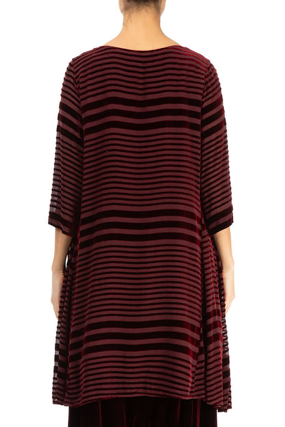 Flared Striped Devoré Dark Red Silk Velvet Tunic Dress