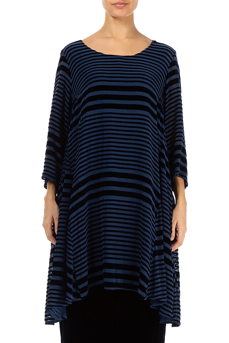 Flared Striped Devoré Navy Silk Velvet Tunic Dress