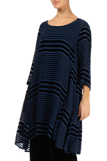 Flared Striped Devoré Navy Silk Velvet Tunic Dress