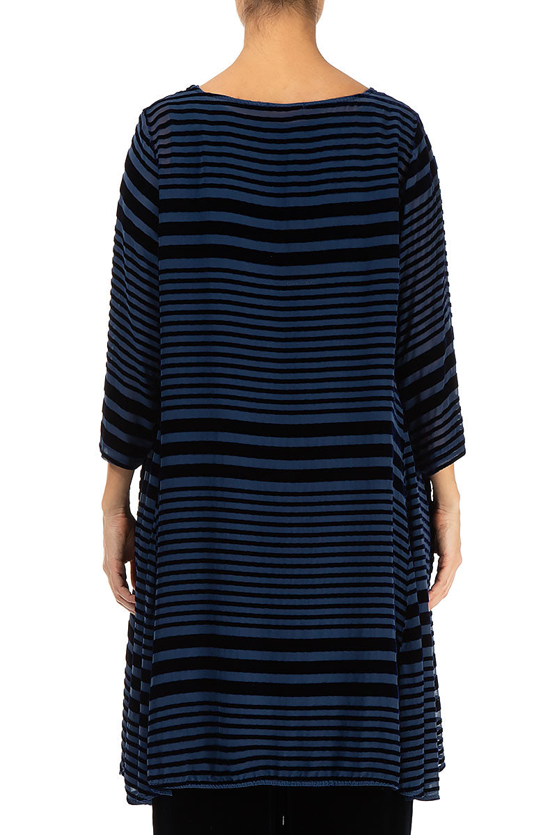 Flared Striped Devoré Navy Silk Velvet Tunic Dress