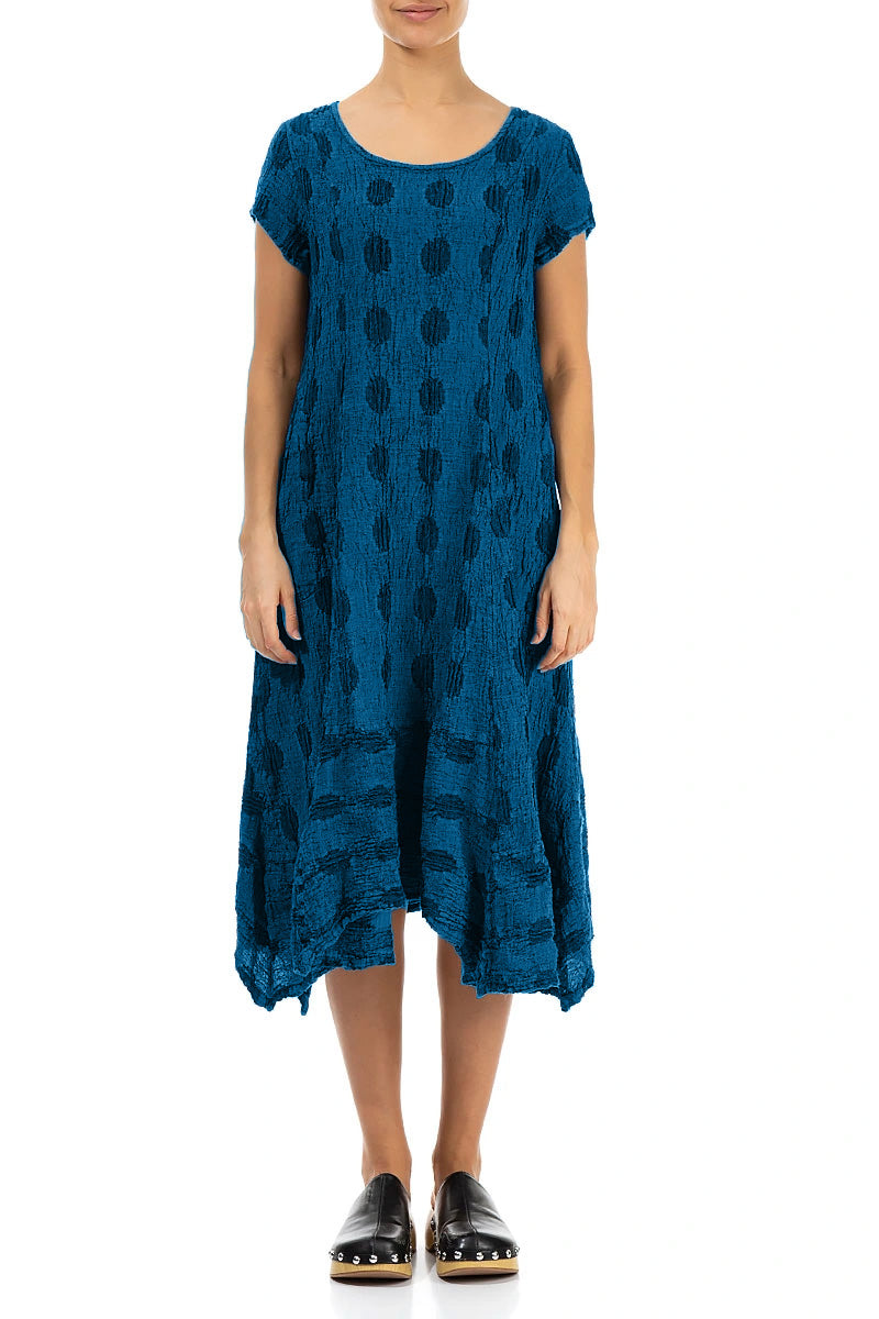 Flared Textured Bubbles Cobalt Blue Linen Dress
