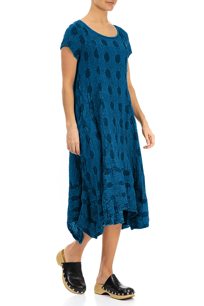 Flared Textured Bubbles Cobalt Blue Linen Dress