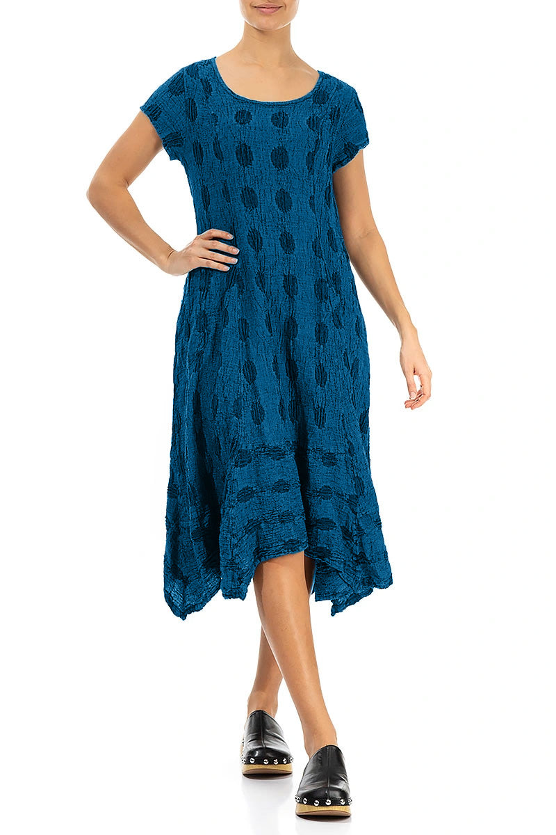 Flared Textured Bubbles Cobalt Blue Linen Dress