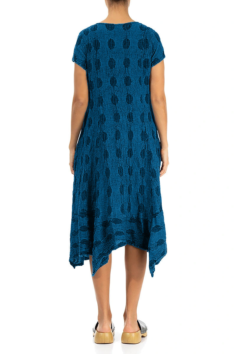 Flared Textured Bubbles Cobalt Blue Linen Dress