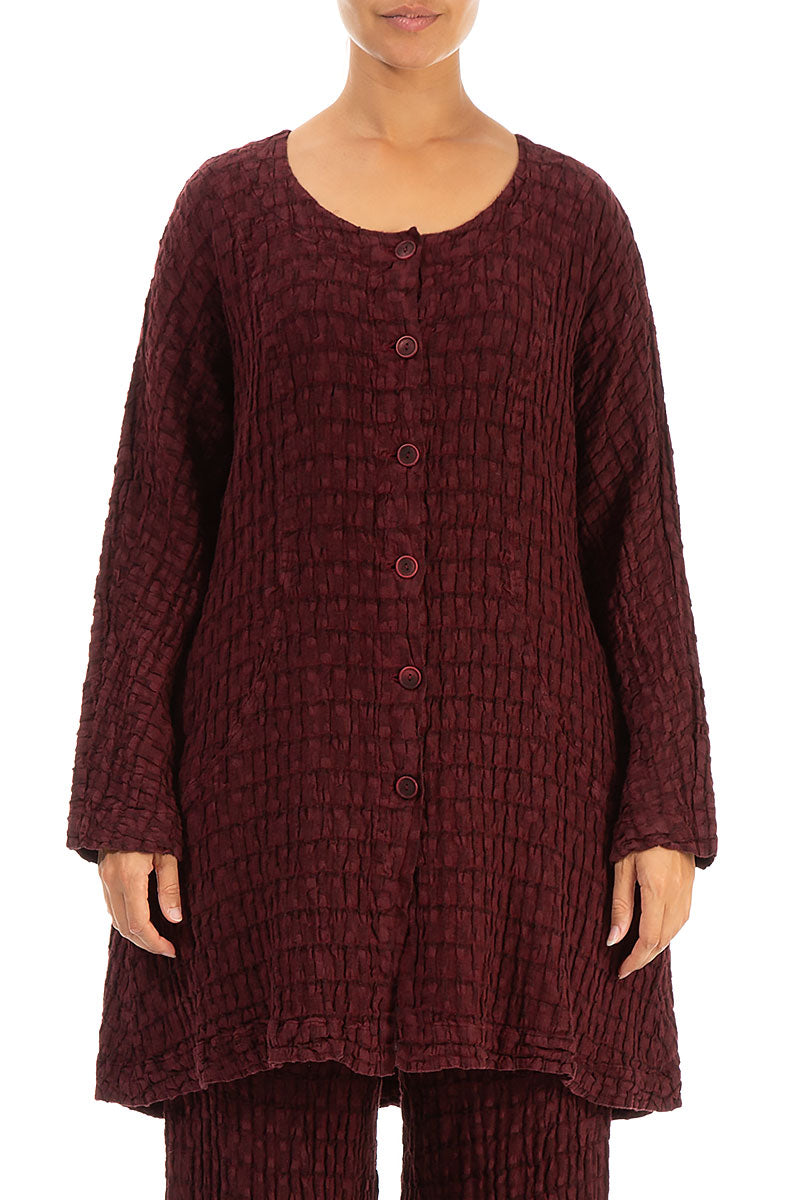 Flared Textured Burgundy Linen Jacket 1