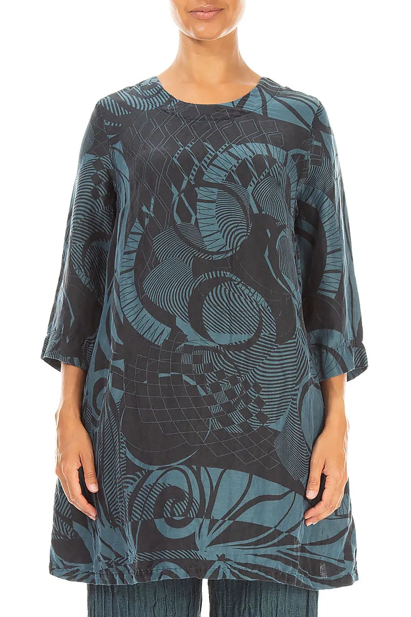 Flared Textured Deep Turquoise Orbit Silk Linen Tunic