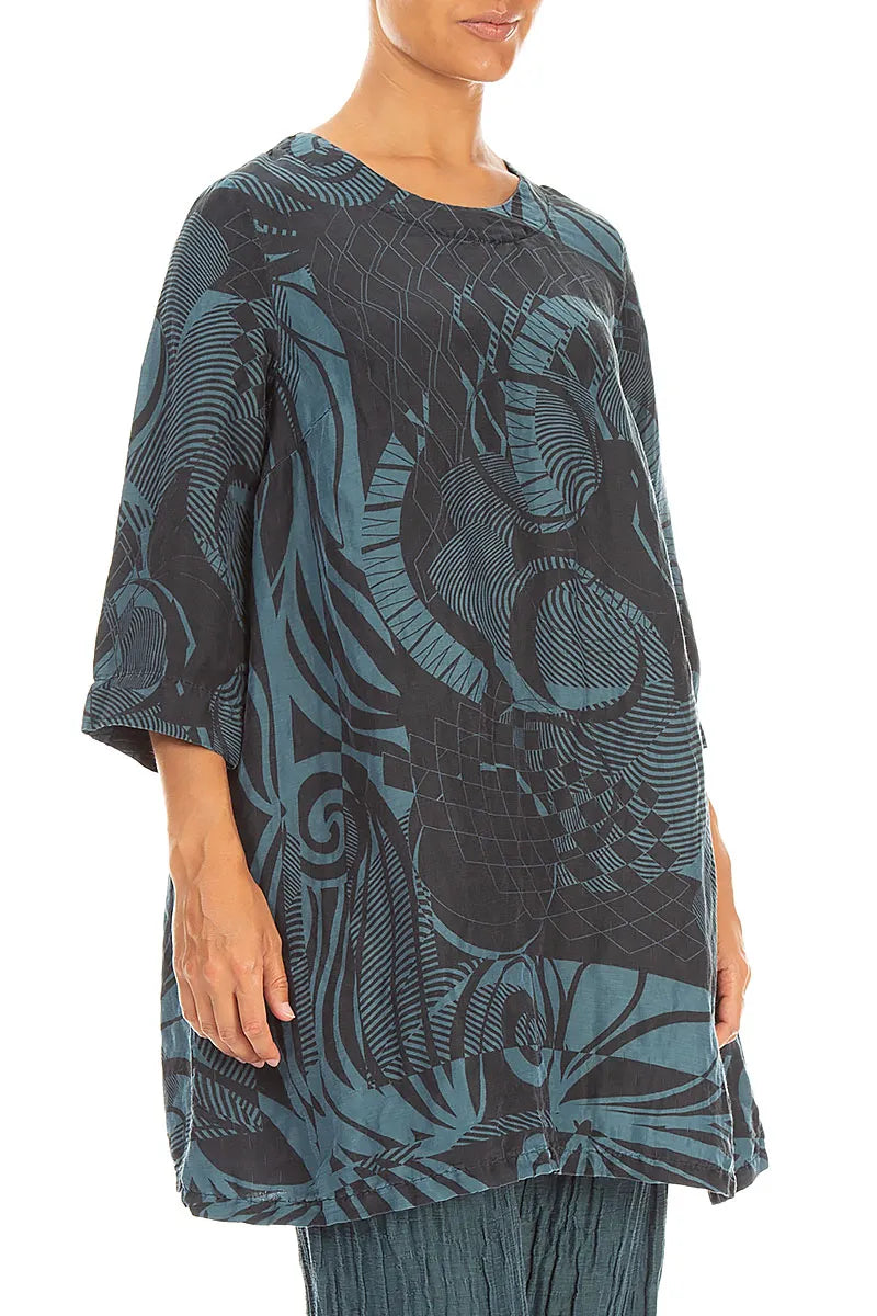 Flared Textured Deep Turquoise Orbit Silk Linen Tunic