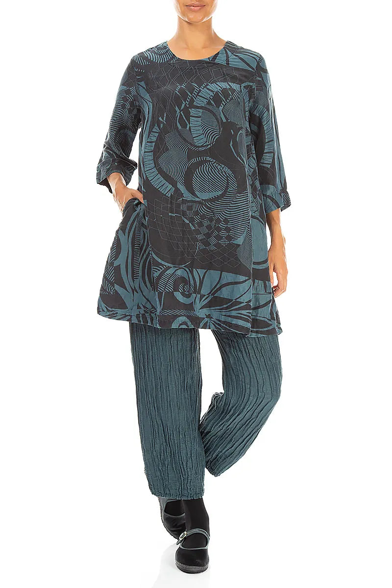 Flared Textured Deep Turquoise Orbit Silk Linen Tunic
