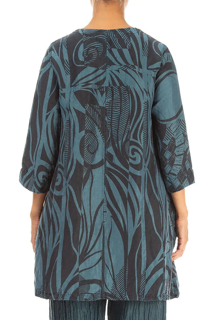 Flared Textured Deep Turquoise Orbit Silk Linen Tunic
