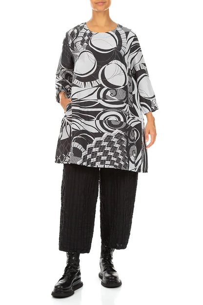 Flared Textured Pearl Grey Orbit Silk Linen Tunic 4