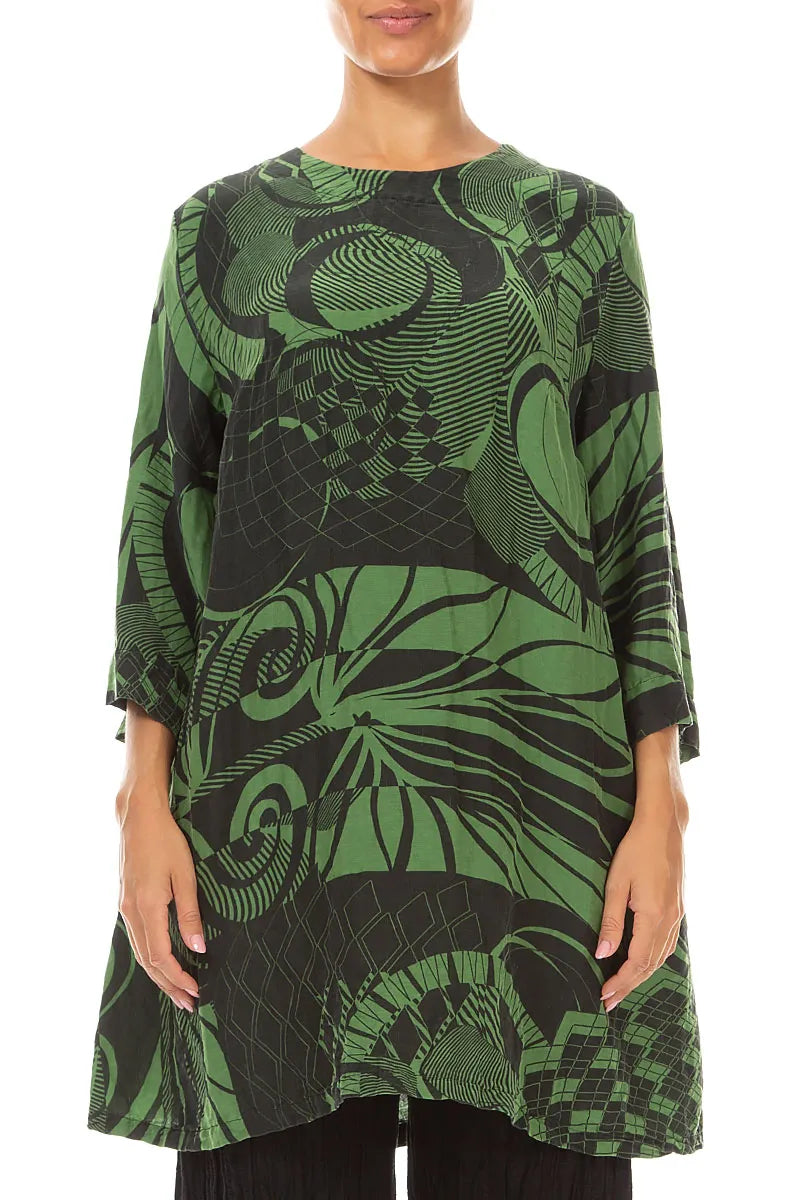 Flared Textured Shamrock Green Orbit Silk Linen Tunic