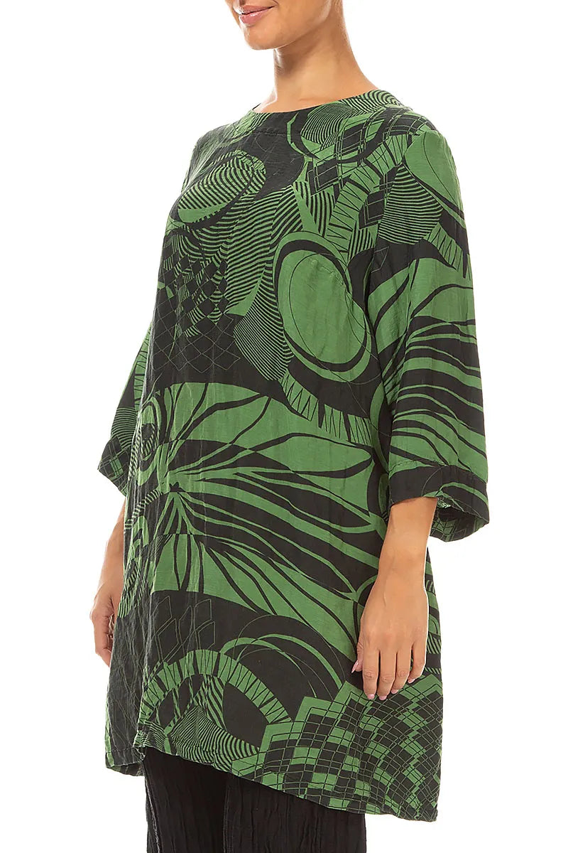 Flared Textured Shamrock Green Orbit Silk Linen Tunic
