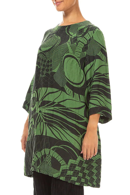 Flared Textured Shamrock Green Orbit Silk Linen Tunic