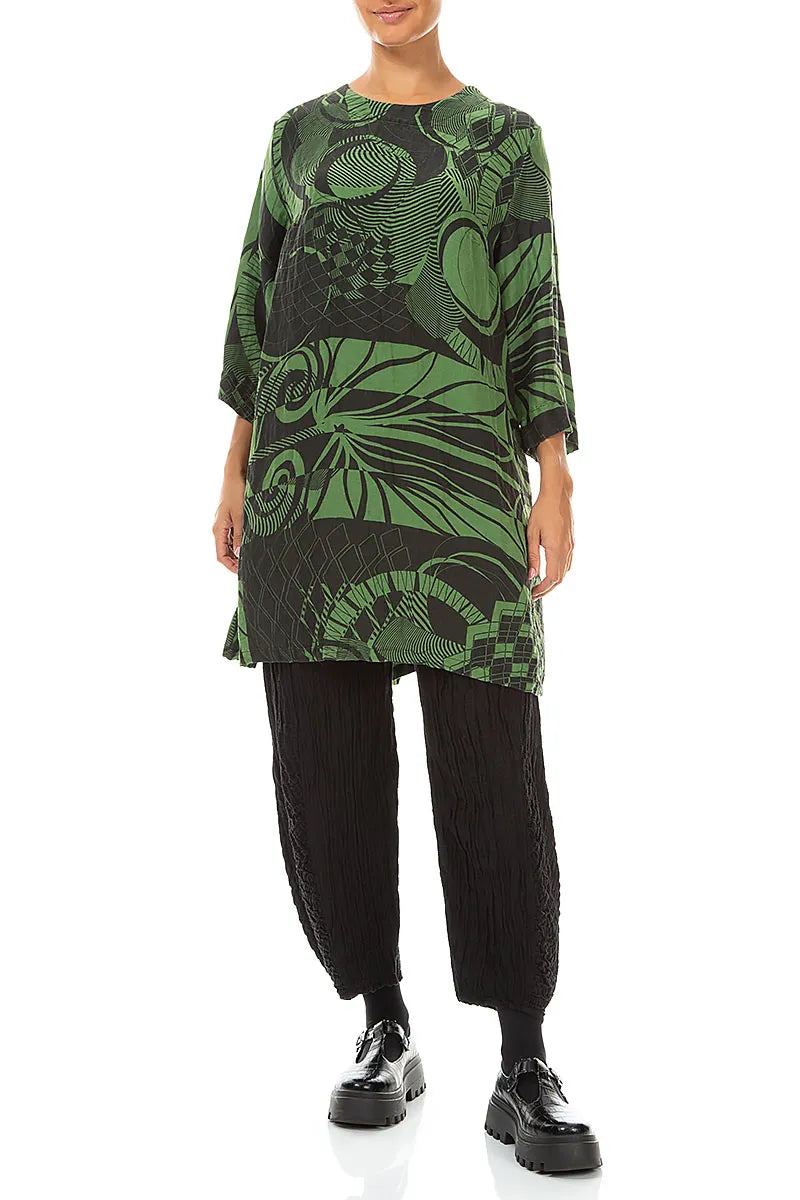 Flared Textured Shamrock Green Orbit Silk Linen Tunic