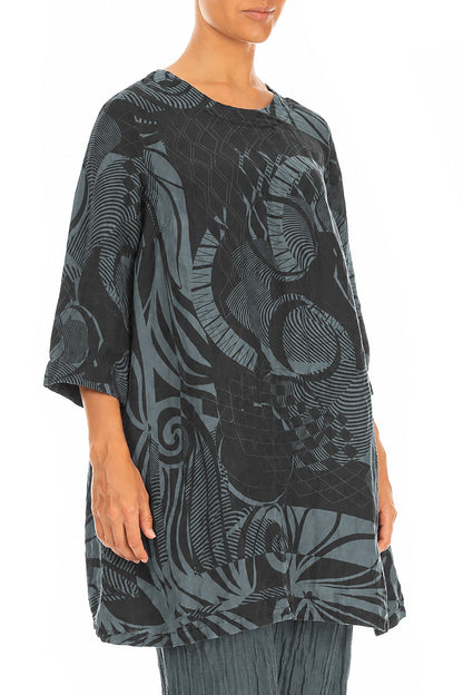 Flared Textured Slate Orbit Silk Linen Tunic