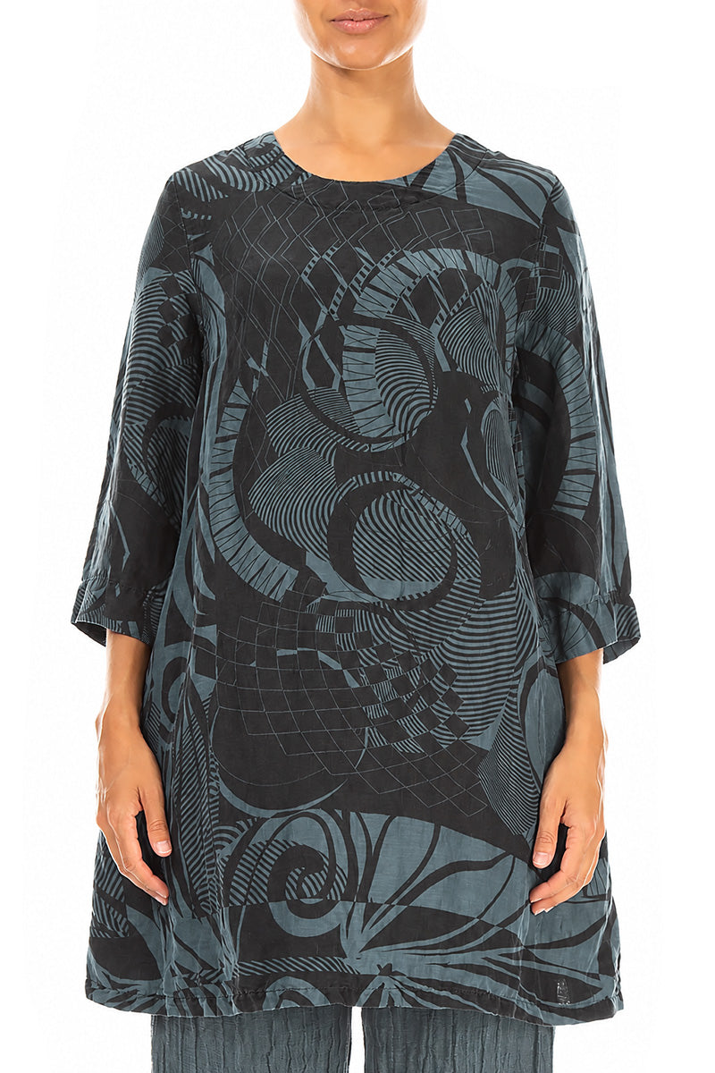 Flared Textured Slate Orbit Silk Linen Tunic