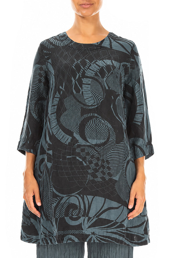 Flared Textured Slate Orbit Silk Linen Tunic