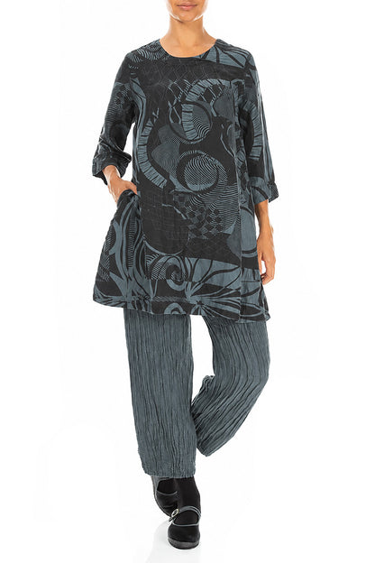 Flared Textured Slate Orbit Silk Linen Tunic