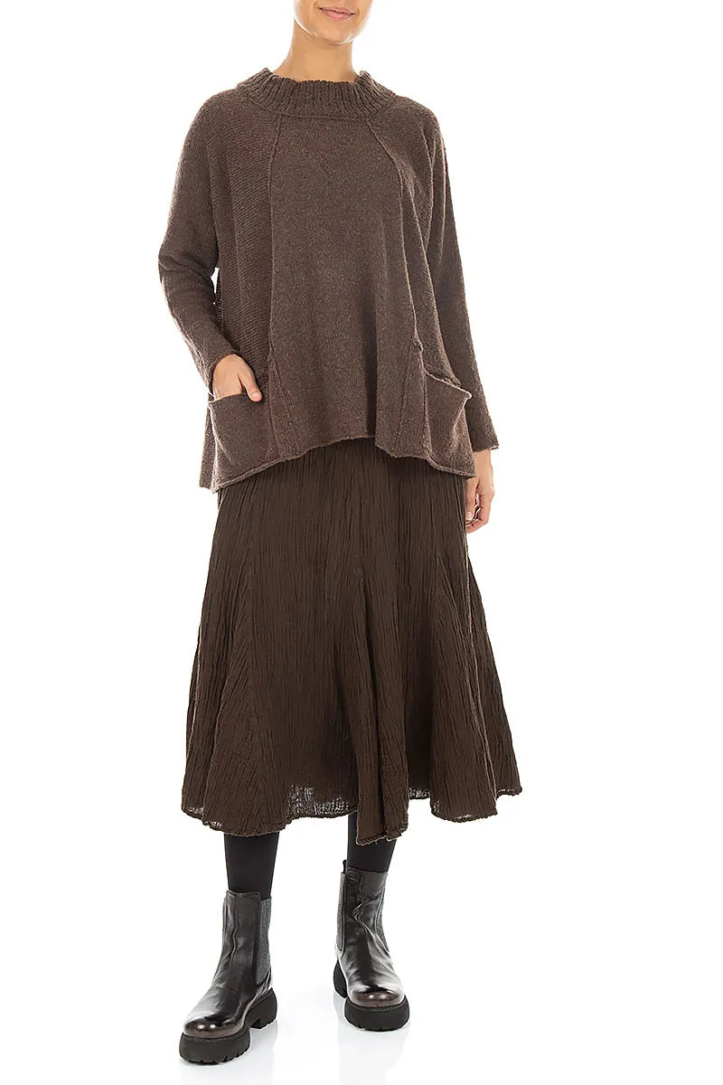 Flared Truffle Brown Crinkled Silk Skirt 4
