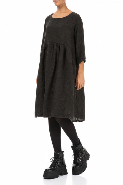 Flared Truffle Brown Mélange Linen Midi Dress