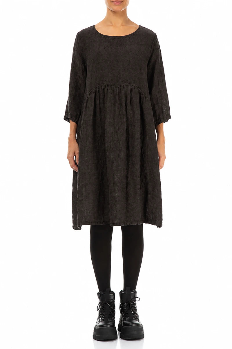 Flared Truffle Brown Mélange Linen Midi Dress