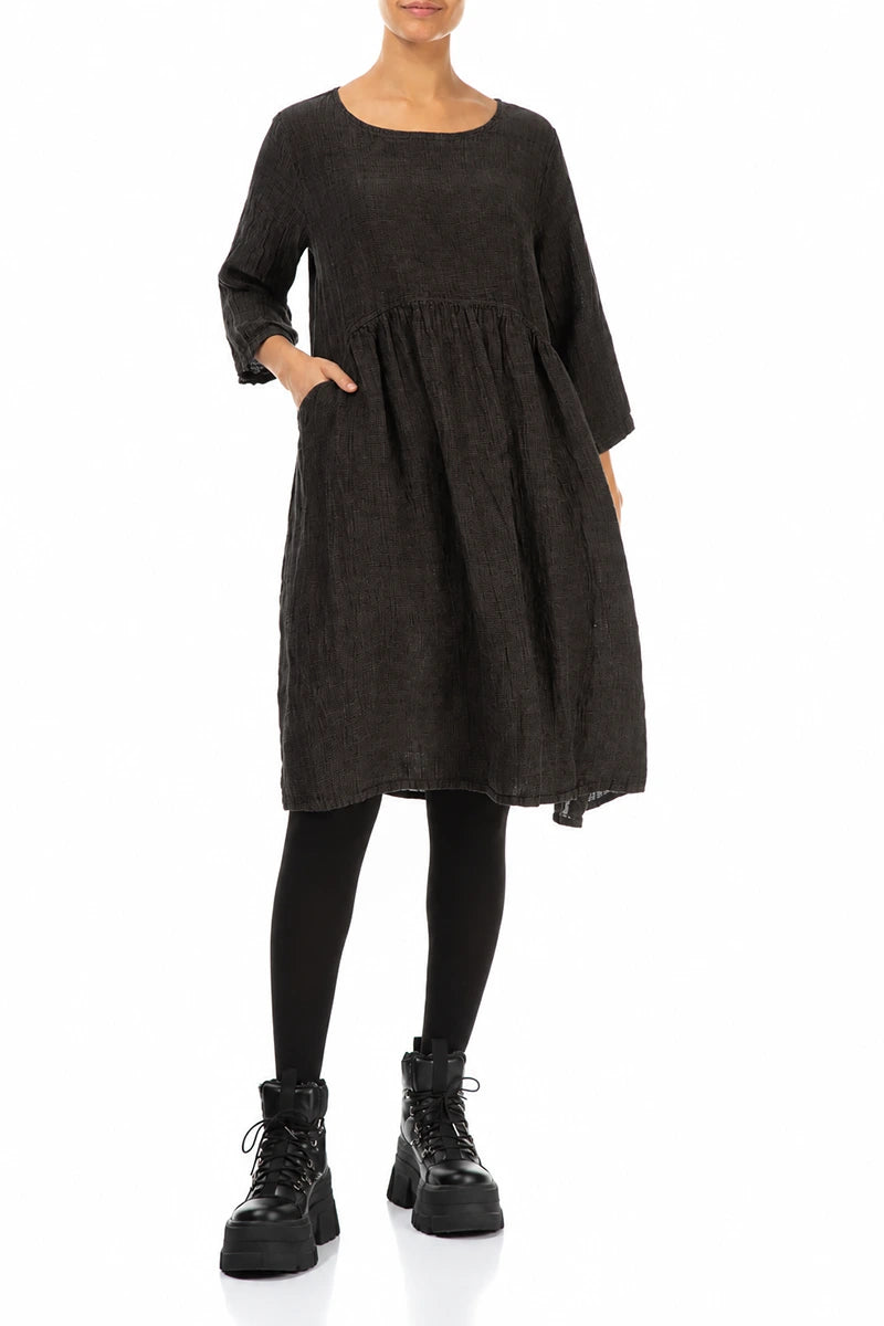 Flared Truffle Brown Mélange Linen Midi Dress