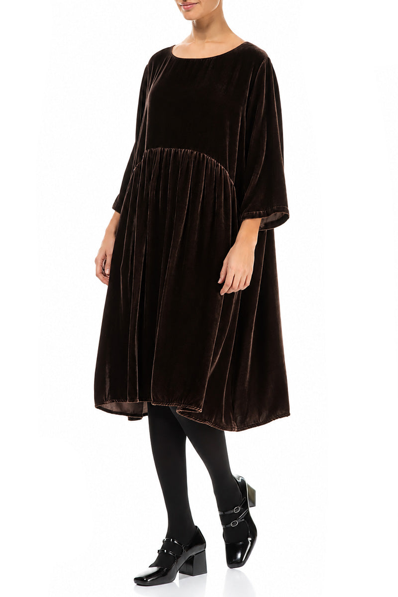 Flared Truffle Brown Silk Velvet Dress 3