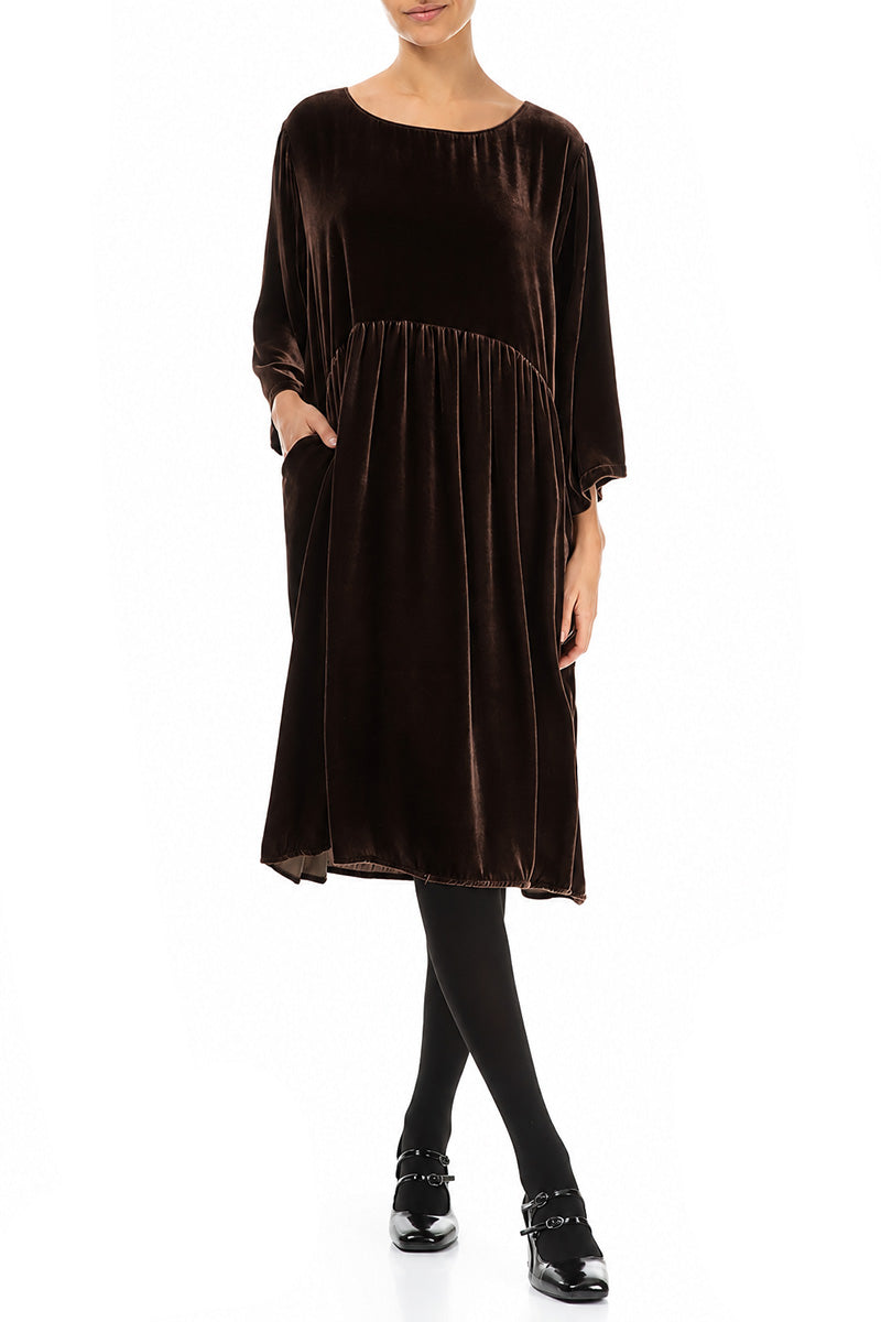 Flared Truffle Brown Silk Velvet Dress 4