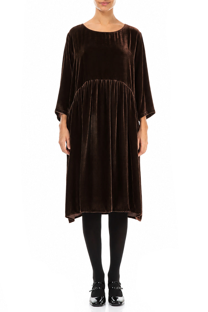 Flared Truffle Brown Silk Velvet Dress 1