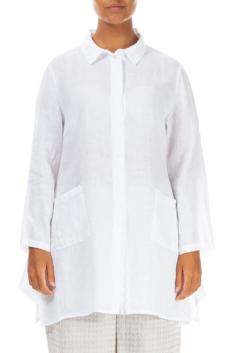 Flared Two Pockets White Linen Shirt