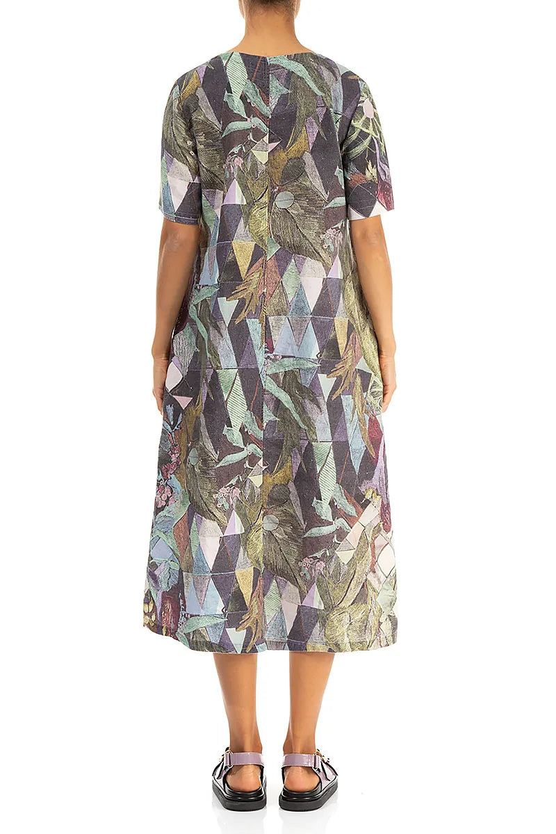 Flared V-Neck Art Mosaic Linen Dress