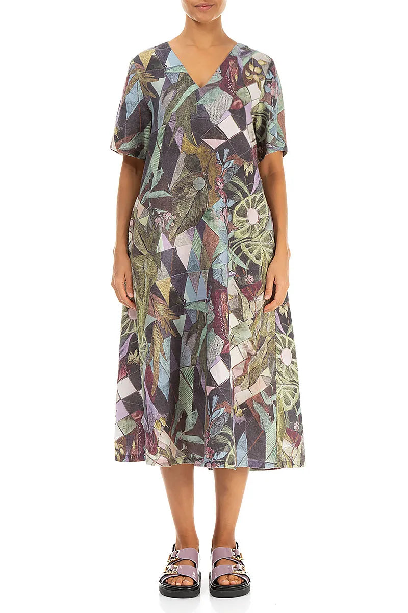 Flared V-Neck Art Mosaic Linen Dress