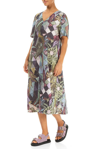 Flared V-Neck Art Mosaic Linen Dress 3