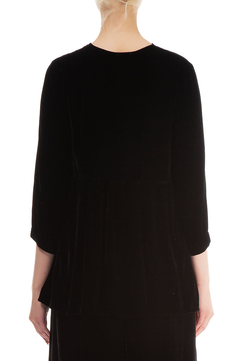 Flared V-Neck Black Silk Velvet Blouse