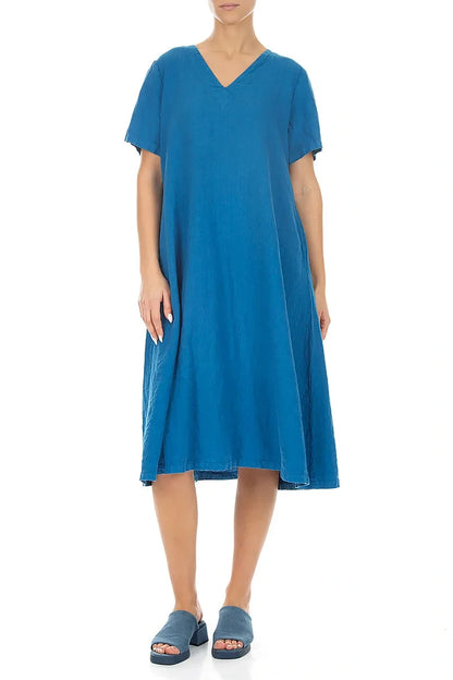 Ausgestelltes V-Ausschnitt-Leinenkleid in Kobaltblau