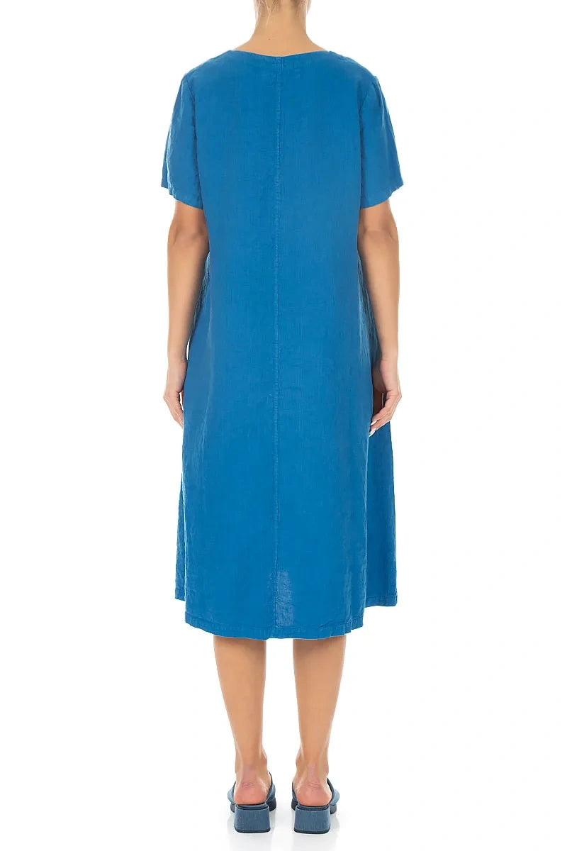 Ausgestelltes V-Ausschnitt-Leinenkleid in Kobaltblau