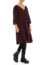 Flared V-Neck Dark Red Mélange Linen Dress 4