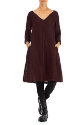 Flared V-Neck Dark Red Mélange Linen Dress 3