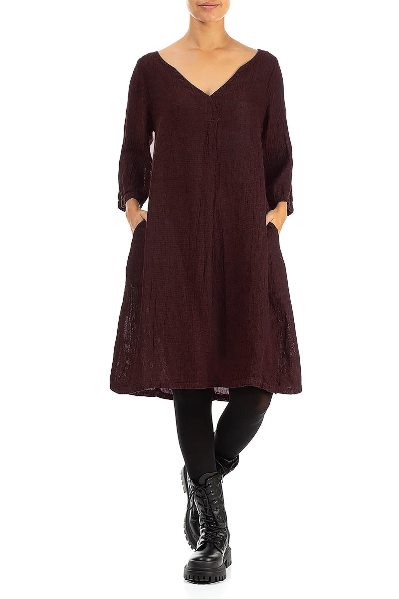 Flared V-Neck Dark Red Mélange Linen Dress 3