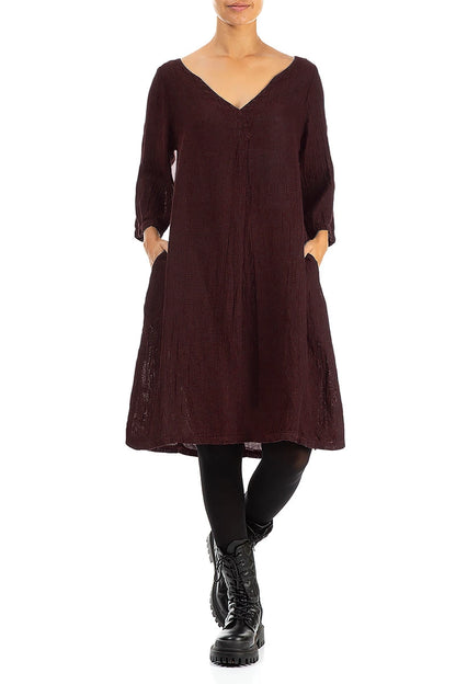Flared V-Neck Dark Red Mélange Linen Dress 3