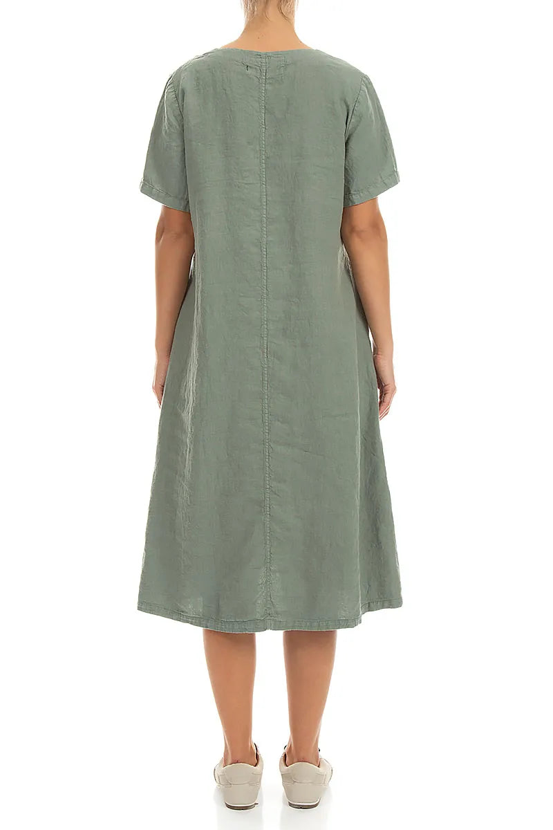 Flared V-Neck Sage Linen Dress 2