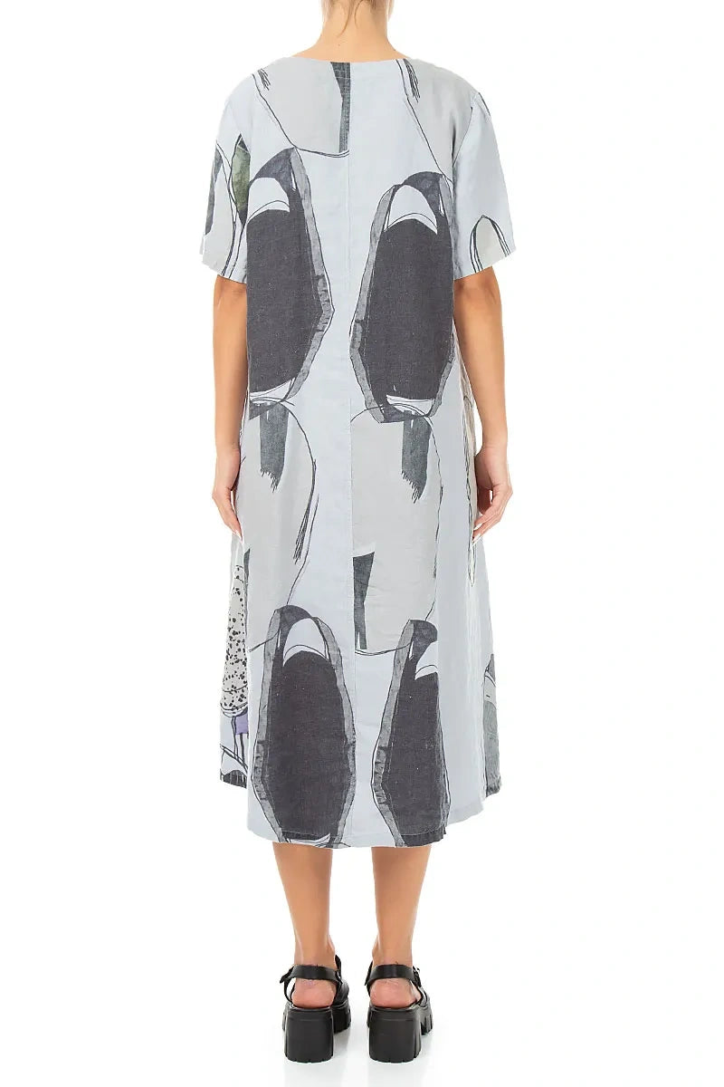 Flared V-Neck Silver Grey Tumbled Stone Linen Dress 2