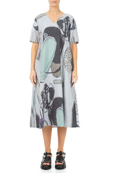 Flared V-Neck Silver Grey Tumbled Stone Linen Dress 1