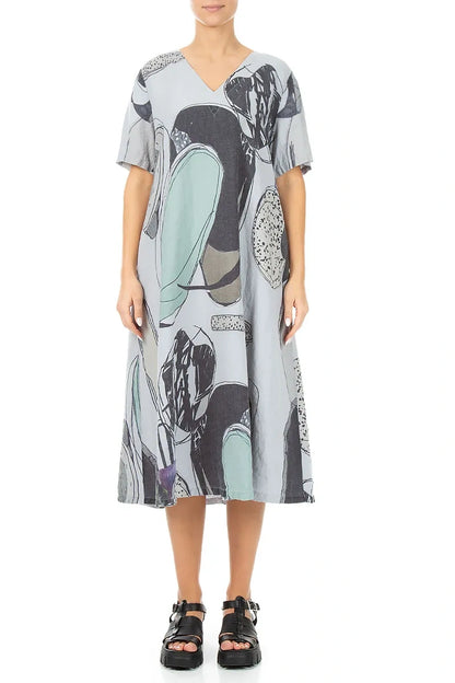 Flared V-Neck Silver Grey Tumbled Stone Linen Dress 1