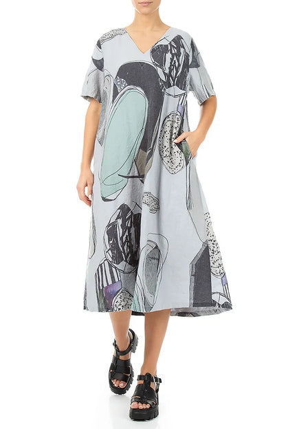Flared V-Neck Silver Grey Tumbled Stone Linen Dress 3