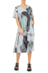 Flared V-Neck Silver Grey Tumbled Stone Linen Dress 4
